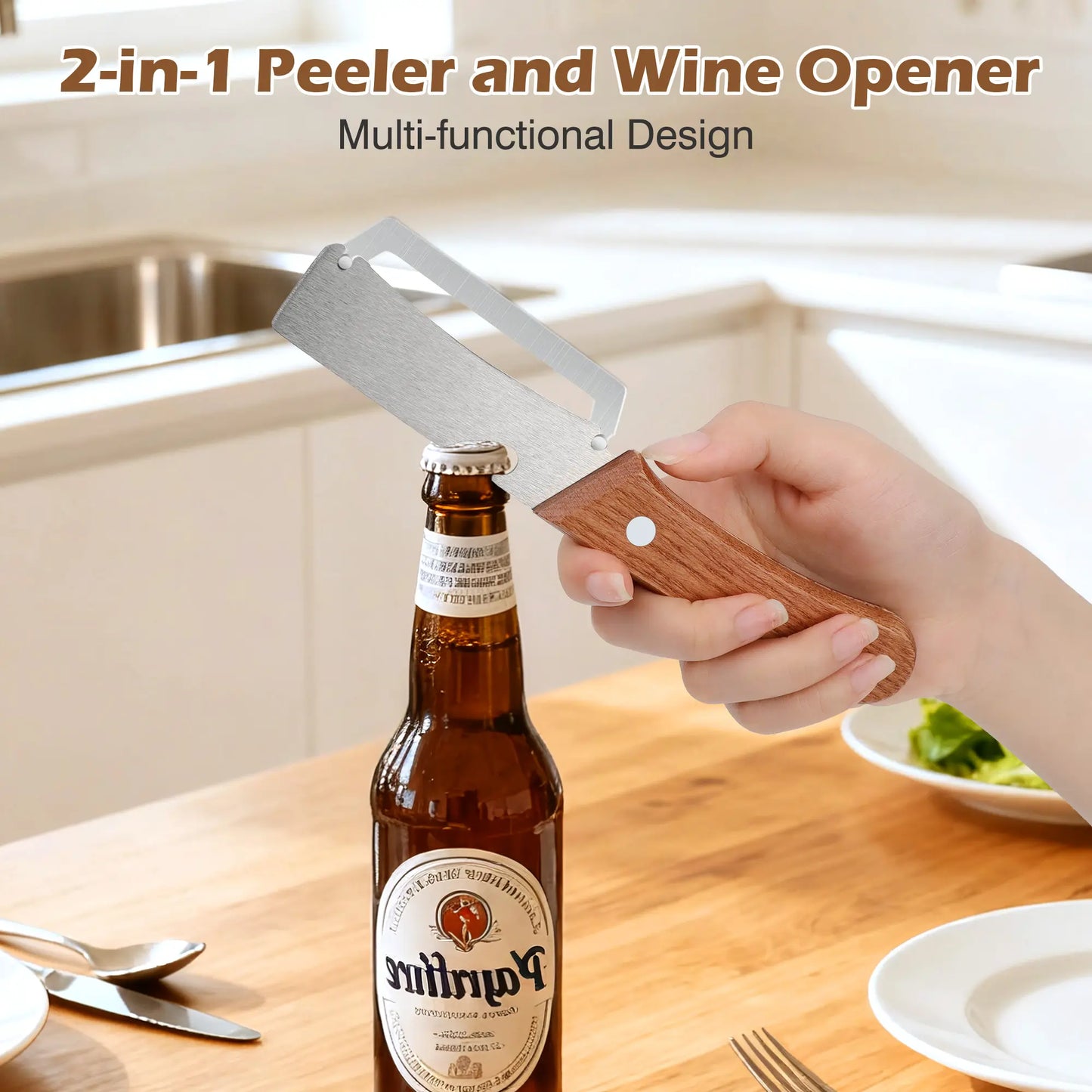 Stainless Steel Blade Vegetable and Fruit Peeler Set with Ergonomic Wooden Handles and Integrated Bottle Opener