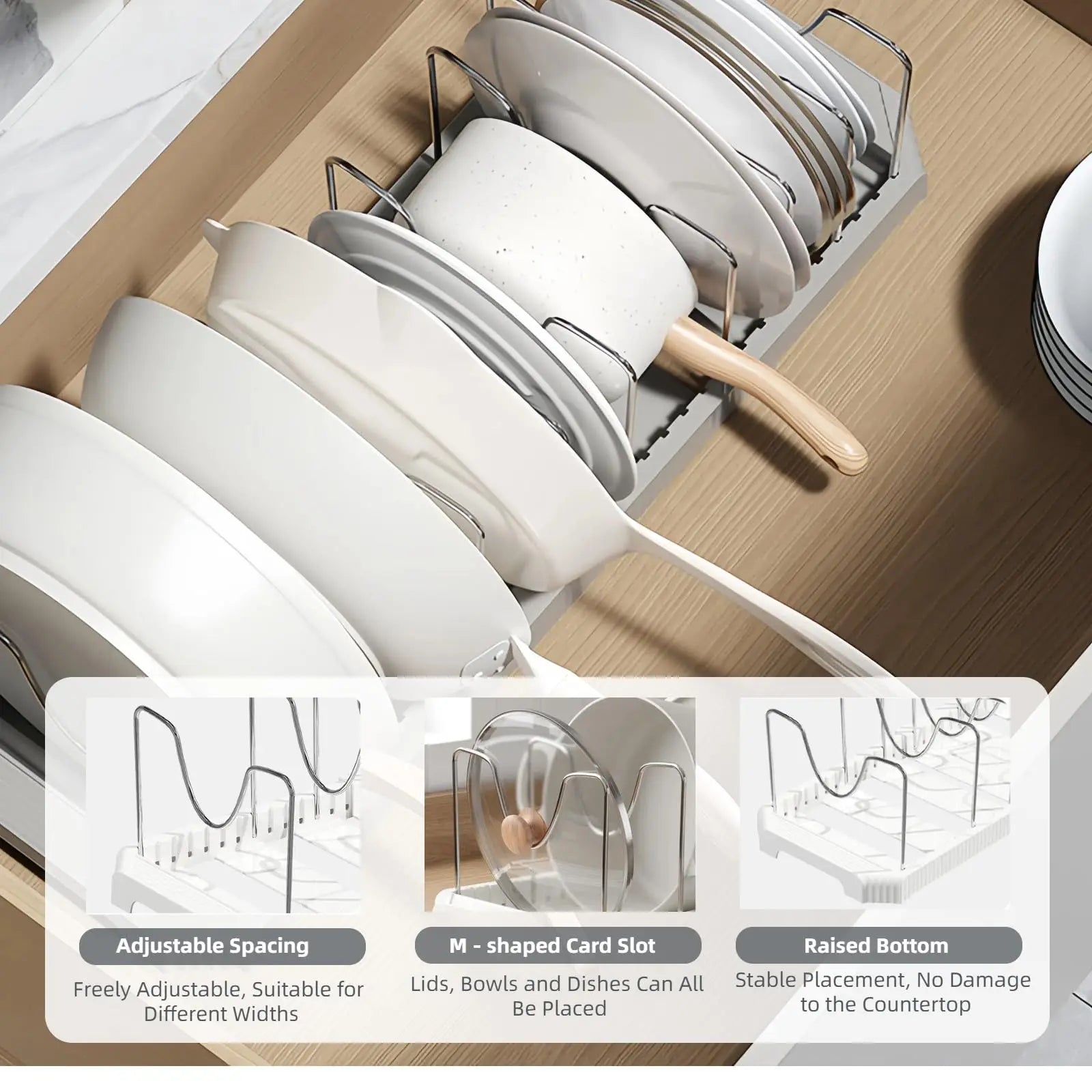 Adjustable Expandable Pot and Pan Organizer Rack with 8 Dividers for Kitchen Cabinets and Under-Sink Storage, Ideal for Small Spaces and Busy Cooks, White