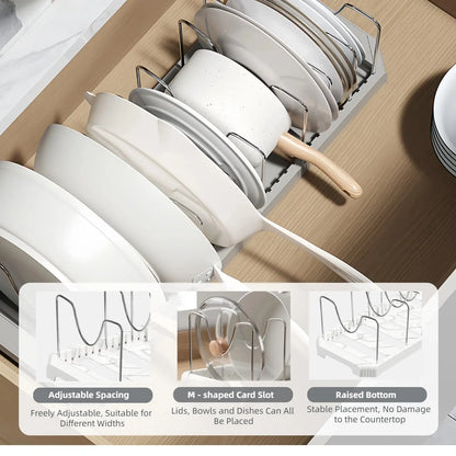 Adjustable Expandable Pot and Pan Organizer Rack with 8 Dividers for Kitchen Cabinets and Under-Sink Storage, Ideal for Small Spaces and Busy Cooks, White