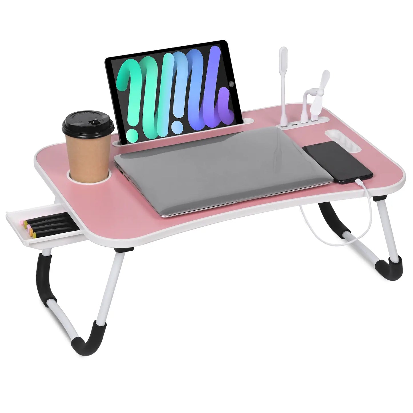 WGCTEK Portable Foldable Laptop Bed Desk with USB Ports, Storage Drawer, and Cup Holder for Comfortable Work and Reading on Bed or Couch - Available in Black, White, Pink, and Walnut