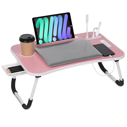 WGCTEK Portable Foldable Laptop Bed Desk with USB Ports, Storage Drawer, and Cup Holder for Comfortable Work and Reading on Bed or Couch - Available in Black, White, Pink, and Walnut