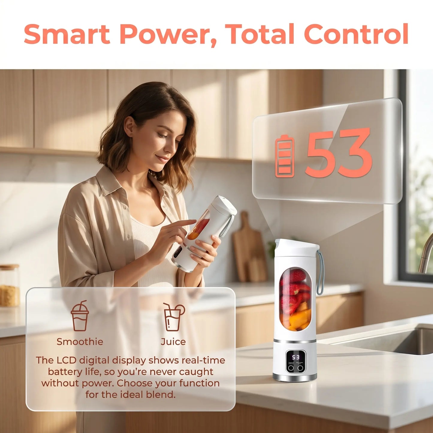 Portable 15.22 Oz USB Rechargeable Personal Blender with LED Display, Durable ABS Material - Ideal for Smoothies and Juices, Essential for Home Kitchen