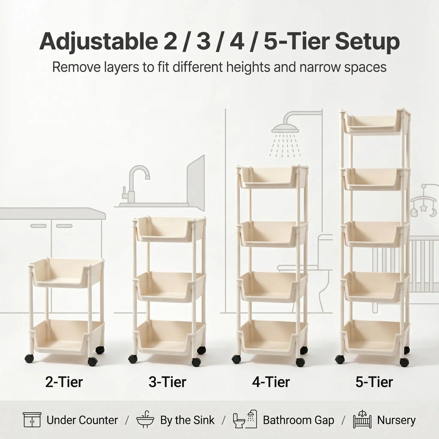 Smooth Lightweight Minimalist Rolling Utility Cart with Wheels - Multi-Layer Adjustable Plastic Organizer for Bedroom and Kitchen, Portable Easy-Install Unit, Retro Wooden Desktop Rack (2026 Semiannual Sale)