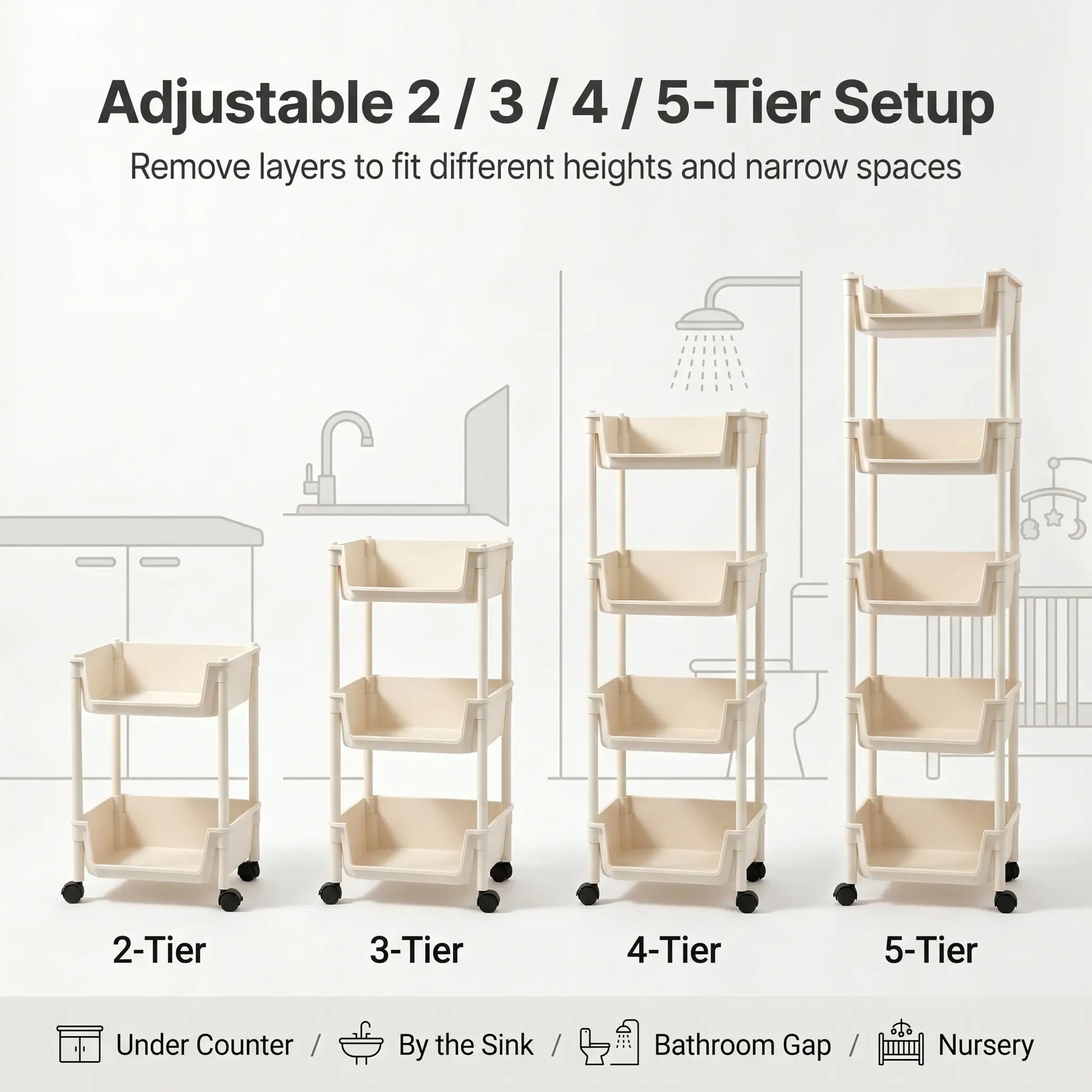 Smooth Lightweight Minimalist Rolling Utility Cart with Wheels - Multi-Layer Adjustable Plastic Organizer for Bedroom and Kitchen, Portable Easy-Install Unit, Retro Wooden Desktop Rack (2026 Semiannual Sale)