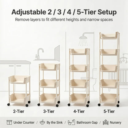 Smooth Lightweight Minimalist Rolling Utility Cart with Wheels - Multi-Layer Adjustable Plastic Organizer for Bedroom and Kitchen, Portable Easy-Install Unit, Retro Wooden Desktop Rack (2026 Semiannual Sale)