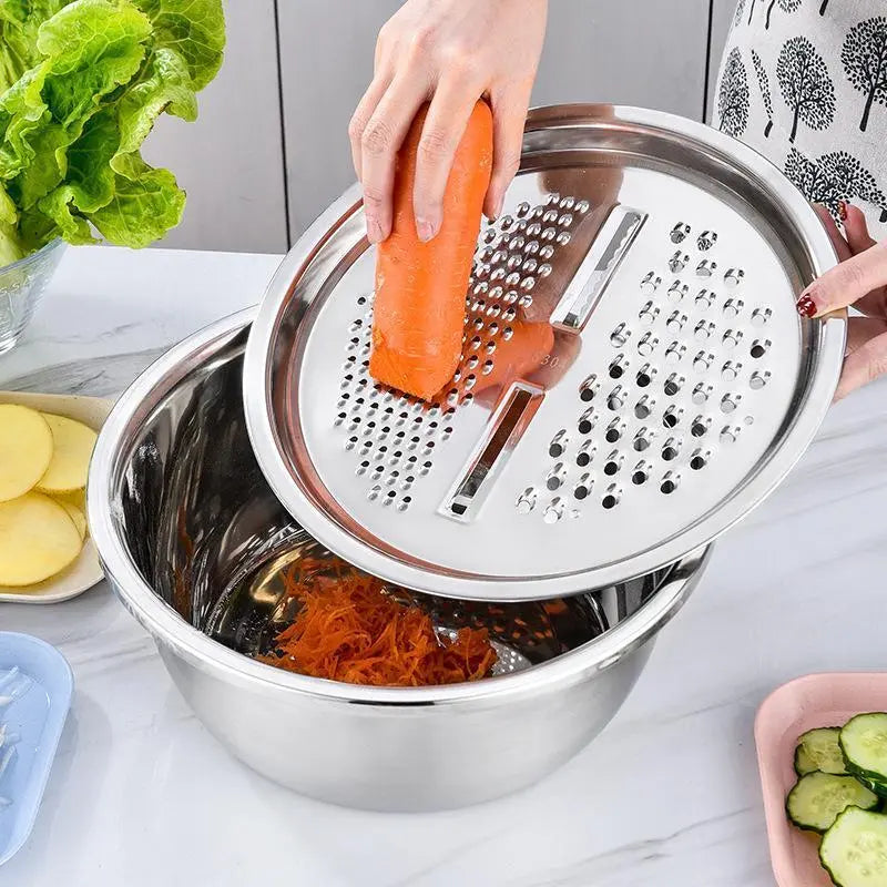 Multifunctional 3-In-1 Stainless Steel Cutting Machine and Strainer Set - Includes Basin, Sieve, and Cutter for Washing Rice, Fruits, and Vegetables - Essential Kitchen Tool