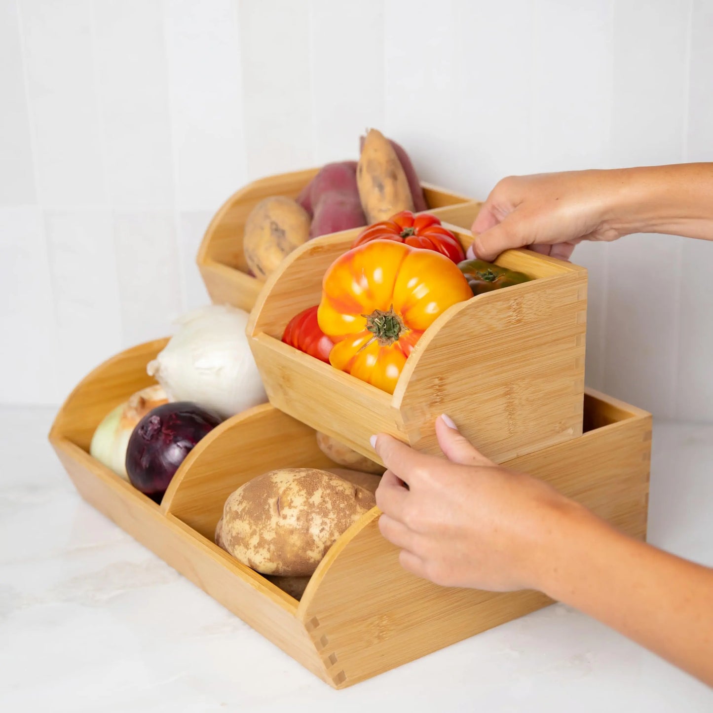 Set of 3 Ventilated Stackable Bamboo Storage Bins for Potatoes and Onions - Versatile Organization Baskets with Handles for Pantry and Kitchen Counter Use