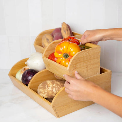 Set of 3 Ventilated Stackable Bamboo Storage Bins for Potatoes and Onions - Versatile Organization Baskets with Handles for Pantry and Kitchen Counter Use