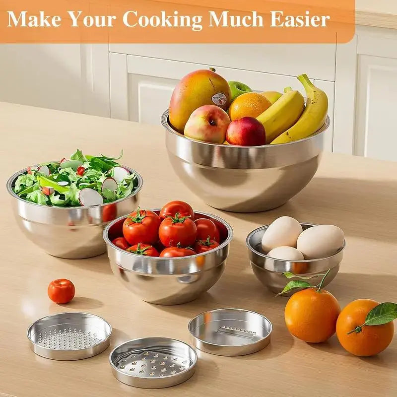 6-Piece Stainless Steel Mixing Bowl Set with Lids and Grinder Attachments - Airtight Food Storage and Organizer for Culinary Use