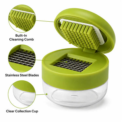 Manual Garlic Chopper, Mini Garlic Press Cutter with Stainless Steel Blades & Clear Collection Cup, Compact Kitchen Garlic Mincer for Garlic, Ginger, Onion & Chili, Easy-Press Food Prep Tool, Green