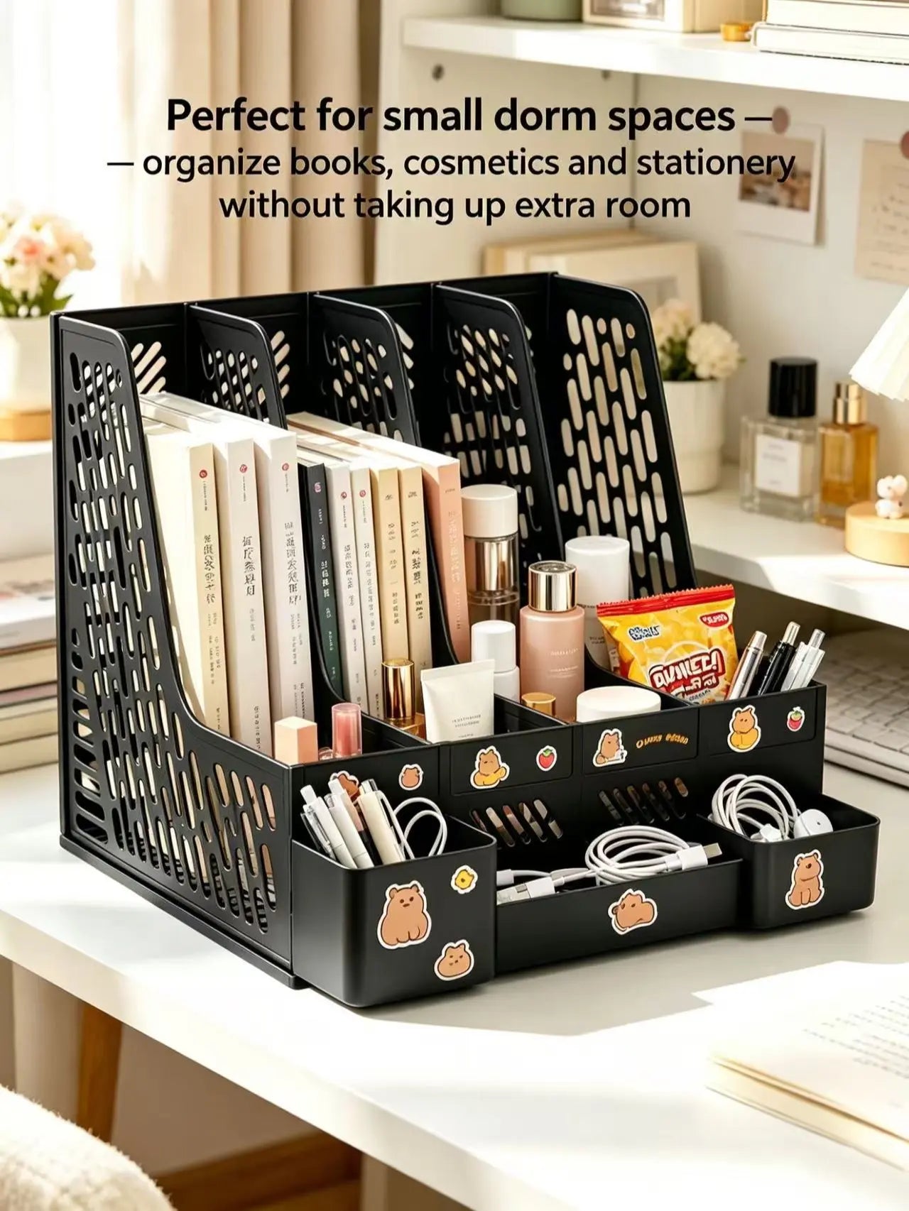 Easter Bunny Style Plastic Rectangular 6-Piece Desk Organizer - 4 Compartments, Shatterproof, Large Capacity, Desk Organization Solution for Office Workers, Holds Books, Stationery, Documents