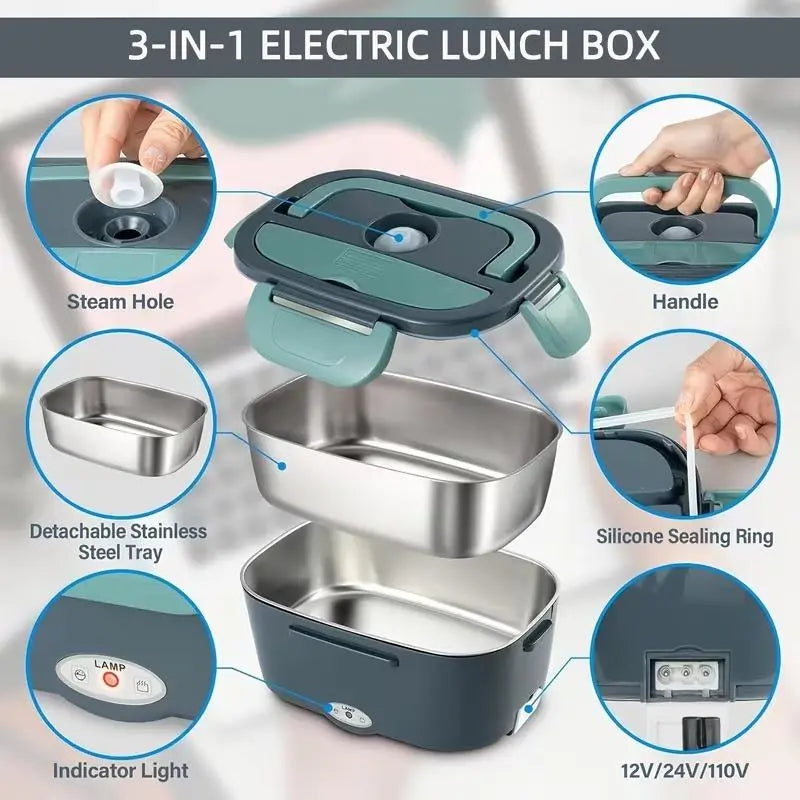 Stainless Steel Thermal Insulated Lunch Box - 50.72 Oz, Electric Food Warmer for Home and Car (110V/12V/24V), Includes Fork and Insulated Bag, Ideal for Truck Drivers and Office Use, Fast Heating