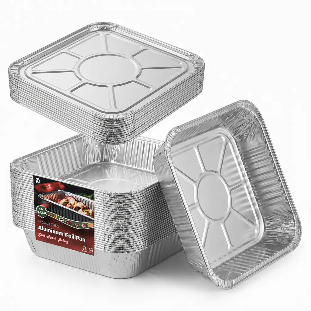 8x8 Heavy-Duty Aluminum Pans with Lids (30 Pack) - Disposable Foil Food Containers for Baking, Cooking, Heating, Freezing, and Holiday Storage