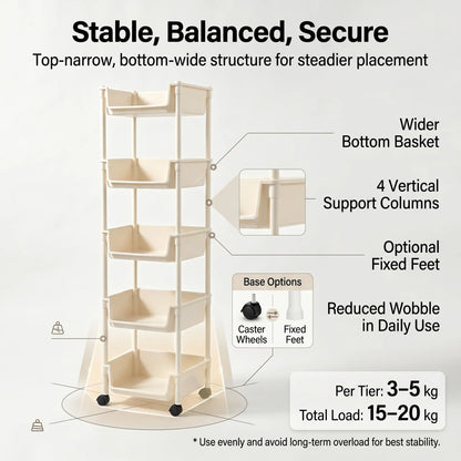 Smooth Lightweight Minimalist Rolling Utility Cart with Wheels - Multi-Layer Adjustable Plastic Organizer for Bedroom and Kitchen, Portable Easy-Install Unit, Retro Wooden Desktop Rack (2026 Semiannual Sale)