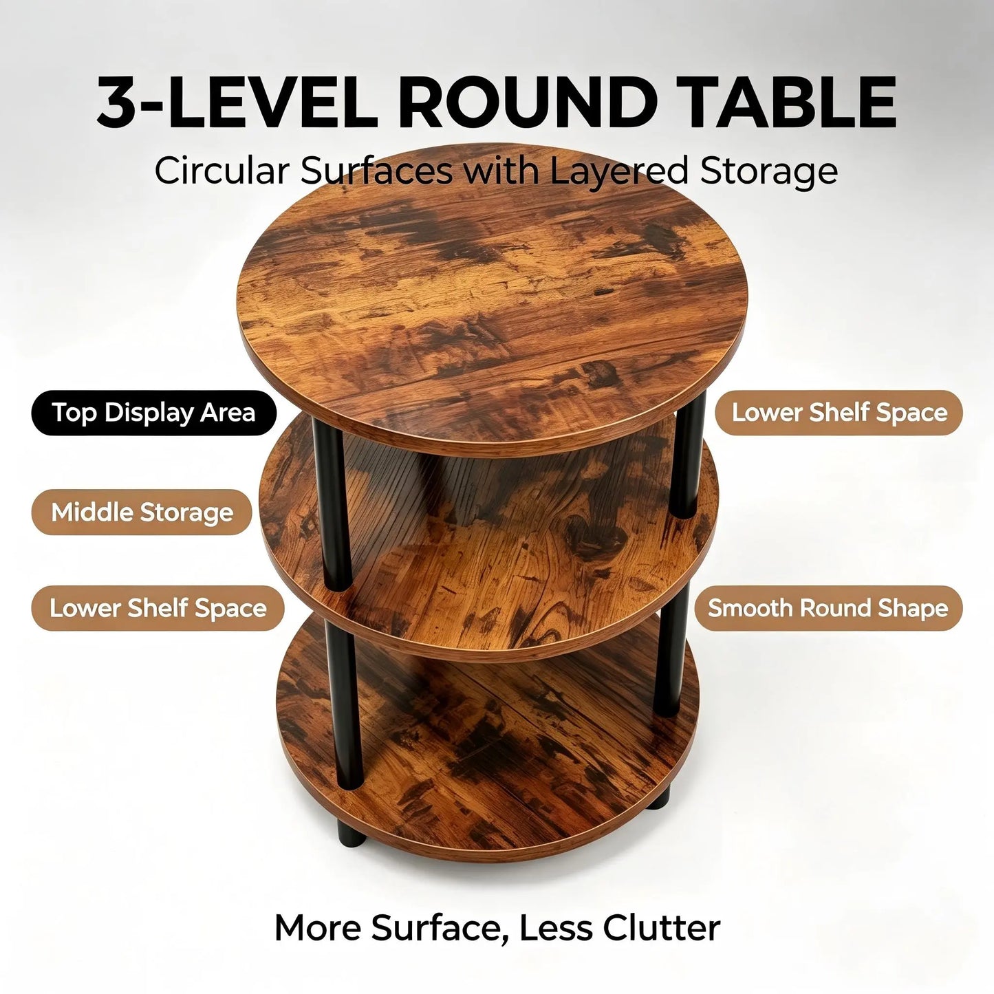 Three-Tier Round Shelving Table - Versatile Decorative Table Available in Narrow-Edge Styles or as a Nightstand; Industrial Design Ideal for Compact Spaces