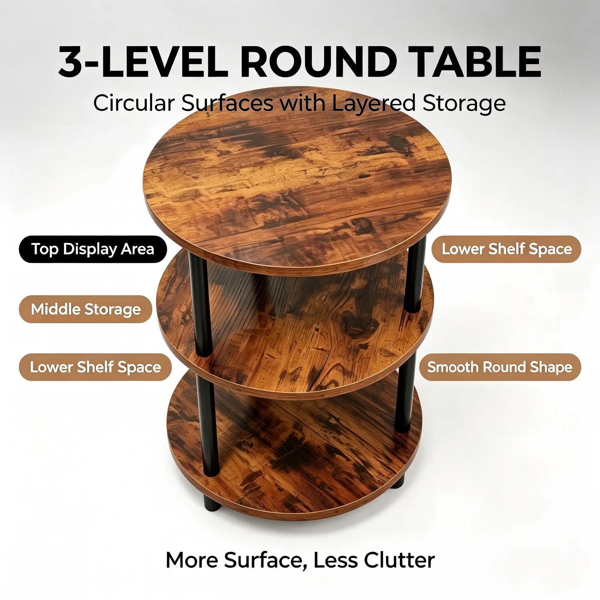 Three-Tier Round Shelving Table - Versatile Decorative Table Available in Narrow-Edge Styles or as a Nightstand; Industrial Design Ideal for Compact Spaces