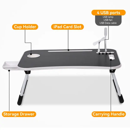 WGCTEK Portable Foldable Laptop Bed Desk with USB Ports, Storage Drawer, and Cup Holder for Comfortable Work and Reading on Bed or Couch - Available in Black, White, Pink, and Walnut