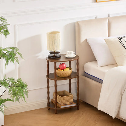 Rustic Brown Round End Table with 3-Tier Storage - Versatile Nightstand for Bedroom, Side Table for Living Room, and Compact Coffee Table for Apartments (15.7" × 11.6" × 24.4")