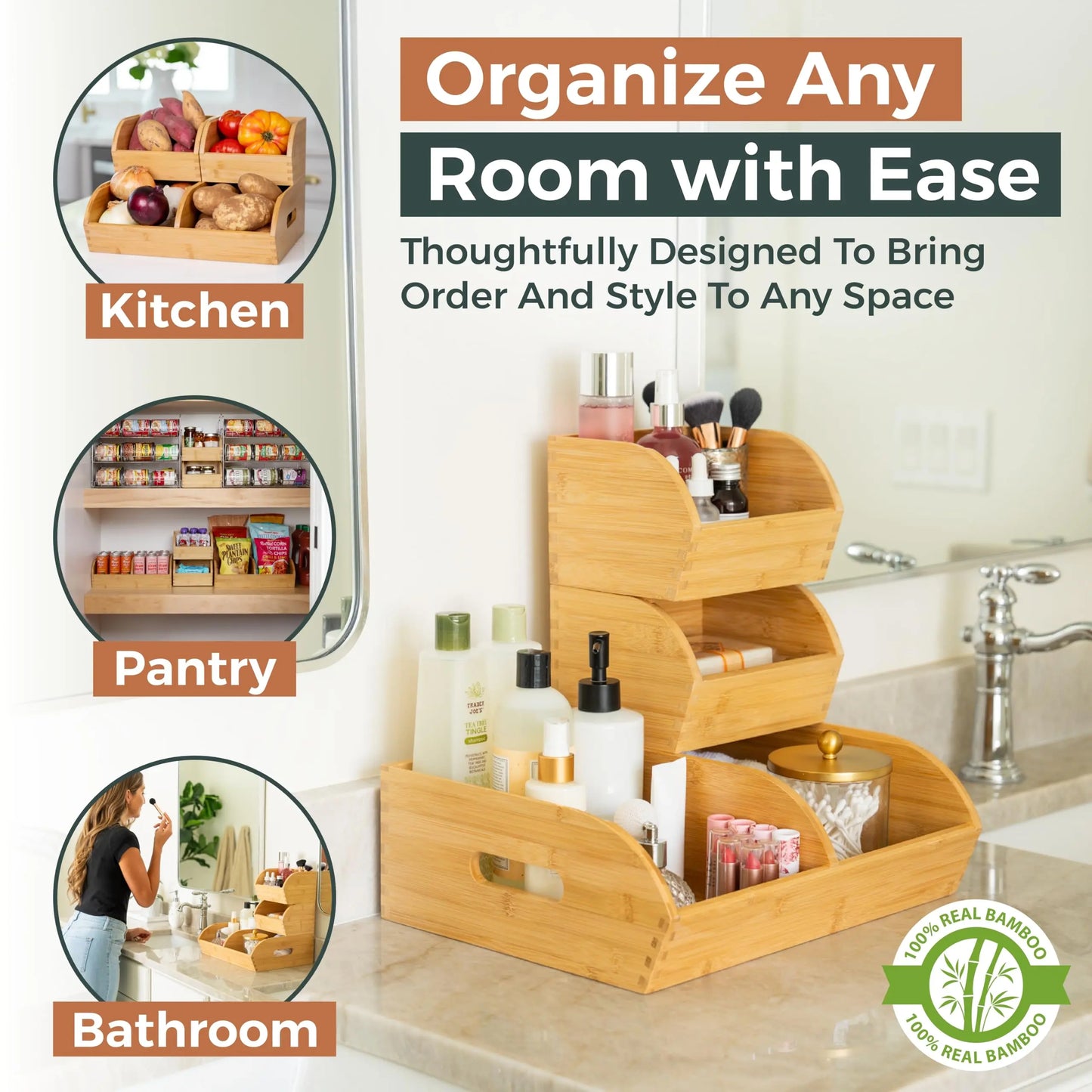 Set of 3 Ventilated Stackable Bamboo Storage Bins for Potatoes and Onions - Versatile Organization Baskets with Handles for Pantry and Kitchen Counter Use