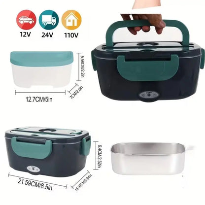 Stainless Steel Thermal Insulated Lunch Box - 50.72 Oz, Electric Food Warmer for Home and Car (110V/12V/24V), Includes Fork and Insulated Bag, Ideal for Truck Drivers and Office Use, Fast Heating