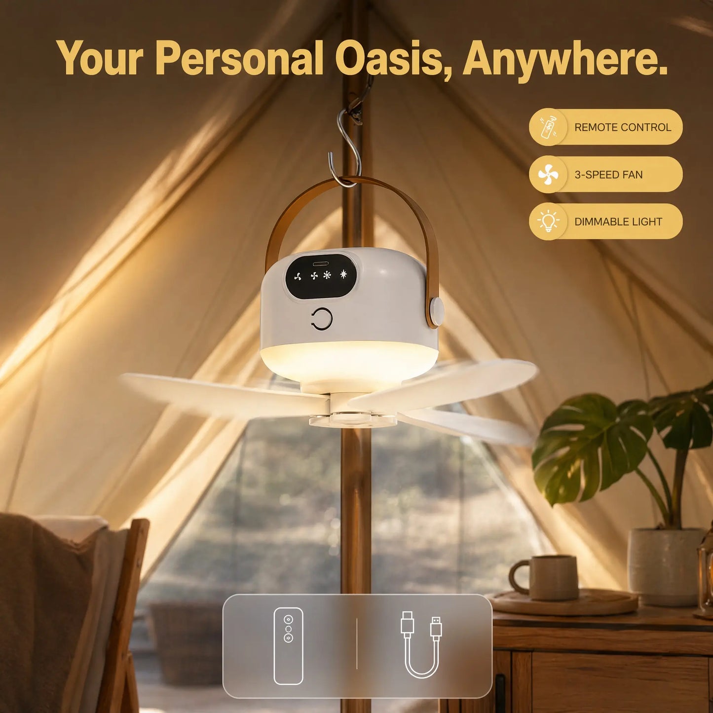2-In-1 Portable LED Light Hanging Camping Fan | Rechargeable Quiet Tent Fan with Remote Control, Long Runtime, 3 Speeds, Foldable Design, Suitable for Outdoor Camping, Tents, Patio, Dorms, Bedrooms