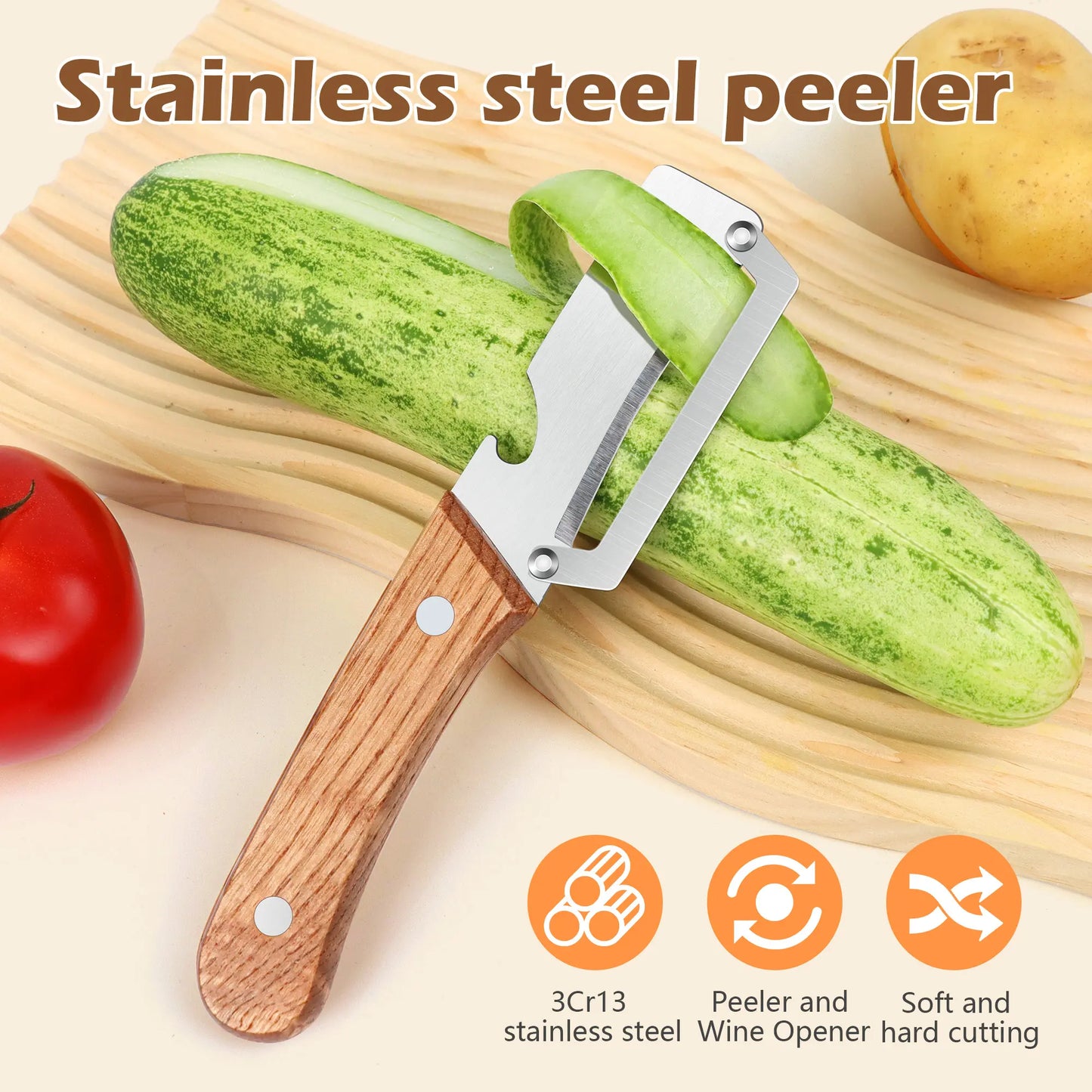 Stainless Steel Blade Vegetable and Fruit Peeler Set with Ergonomic Wooden Handles and Integrated Bottle Opener