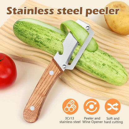 Stainless Steel Blade Vegetable and Fruit Peeler Set with Ergonomic Wooden Handles and Integrated Bottle Opener