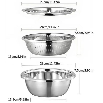 Multifunctional 3-In-1 Stainless Steel Cutting Machine and Strainer Set - Includes Basin, Sieve, and Cutter for Washing Rice, Fruits, and Vegetables - Essential Kitchen Tool