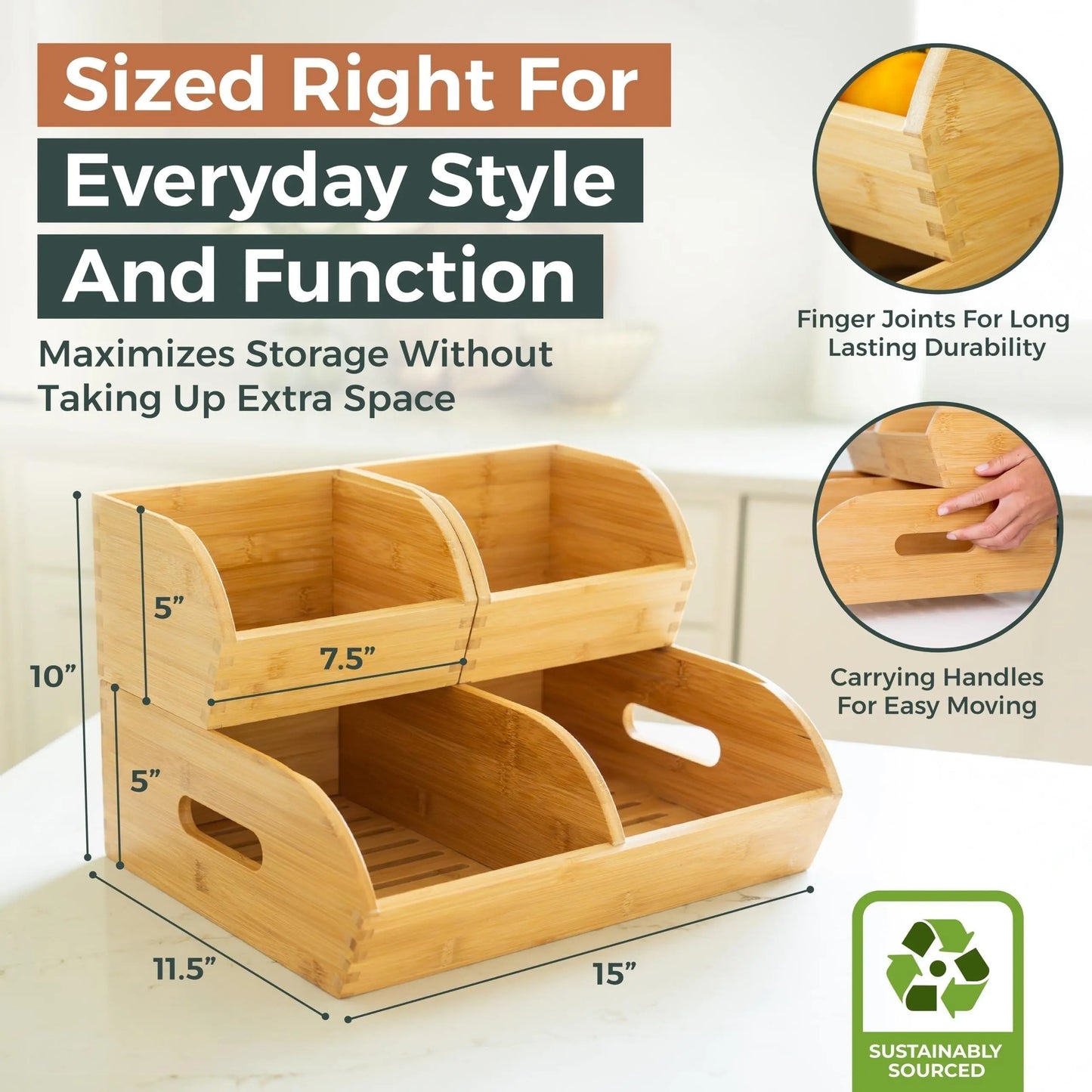 Set of 3 Ventilated Stackable Bamboo Storage Bins for Potatoes and Onions - Versatile Organization Baskets with Handles for Pantry and Kitchen Counter Use