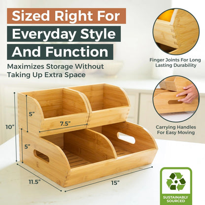 Set of 3 Ventilated Stackable Bamboo Storage Bins for Potatoes and Onions - Versatile Organization Baskets with Handles for Pantry and Kitchen Counter Use