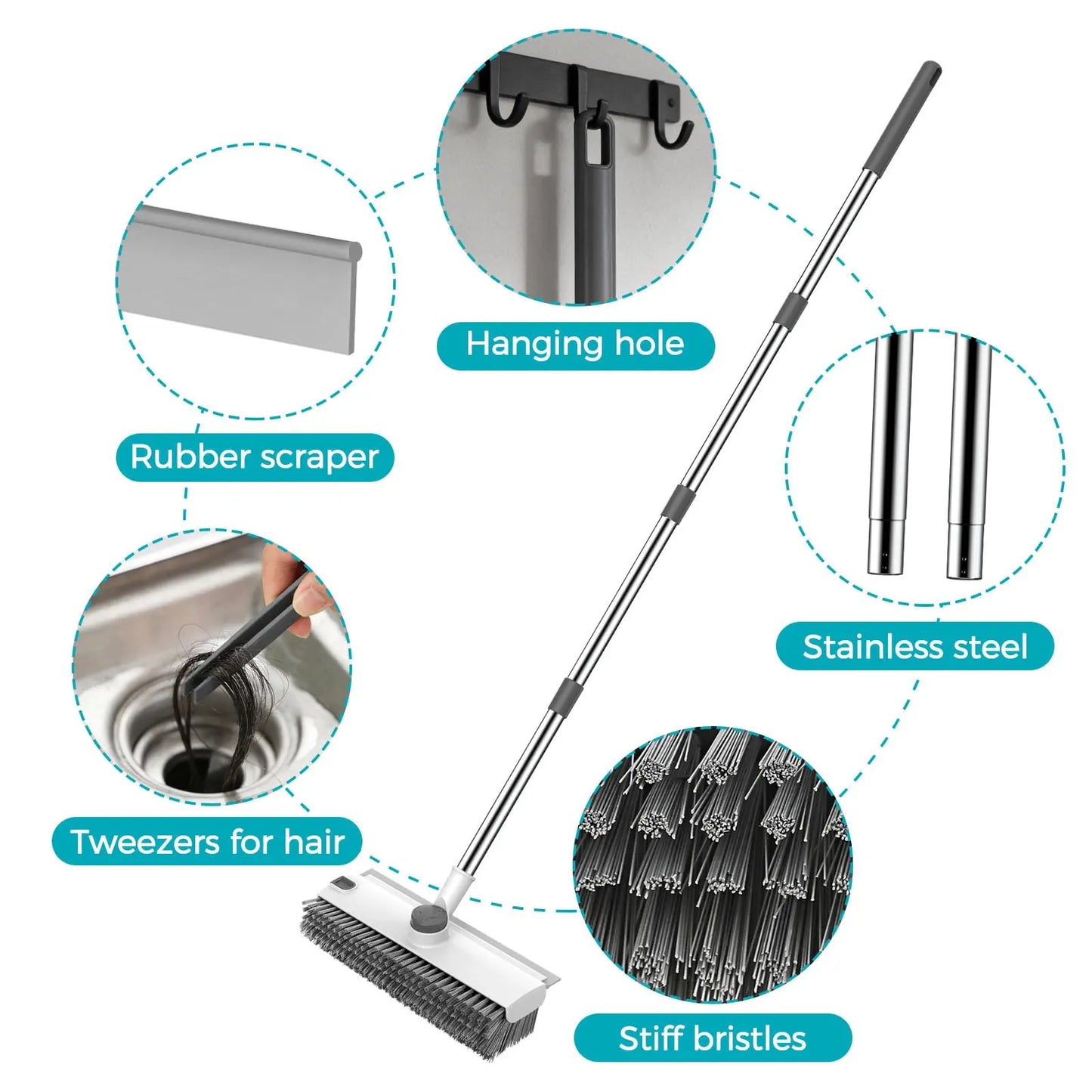 JOIORBOO 3-in-1 Floor Scrub Brush with Long Handle - Double-Sided Bristles and Squeegee for Bathroom and Kitchen Cleaning