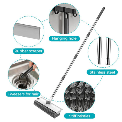 JOIORBOO 3-in-1 Floor Scrub Brush with Long Handle - Double-Sided Bristles and Squeegee for Bathroom and Kitchen Cleaning