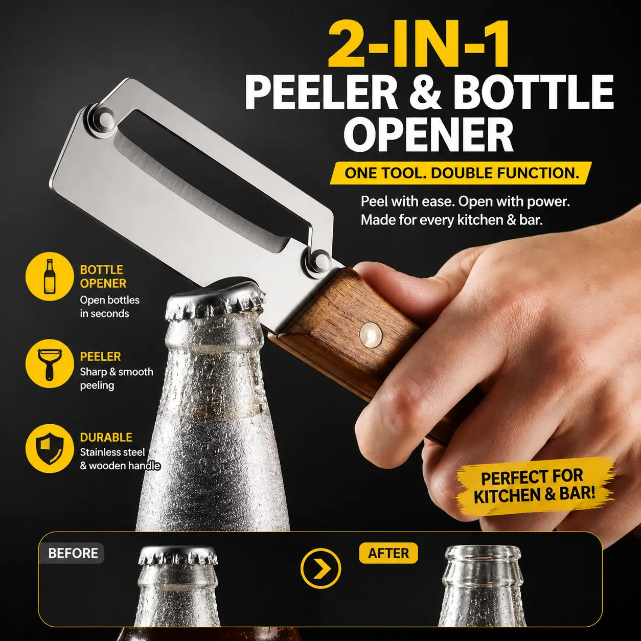 2-Piece Multifunctional Kitchen Peeler Set with Wood Handles – Includes Peeling, Slicing, Scraping, and Bottle Opening Tools