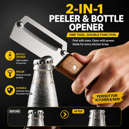2-Piece Multifunctional Kitchen Peeler Set with Wood Handles – Includes Peeling, Slicing, Scraping, and Bottle Opening Tools