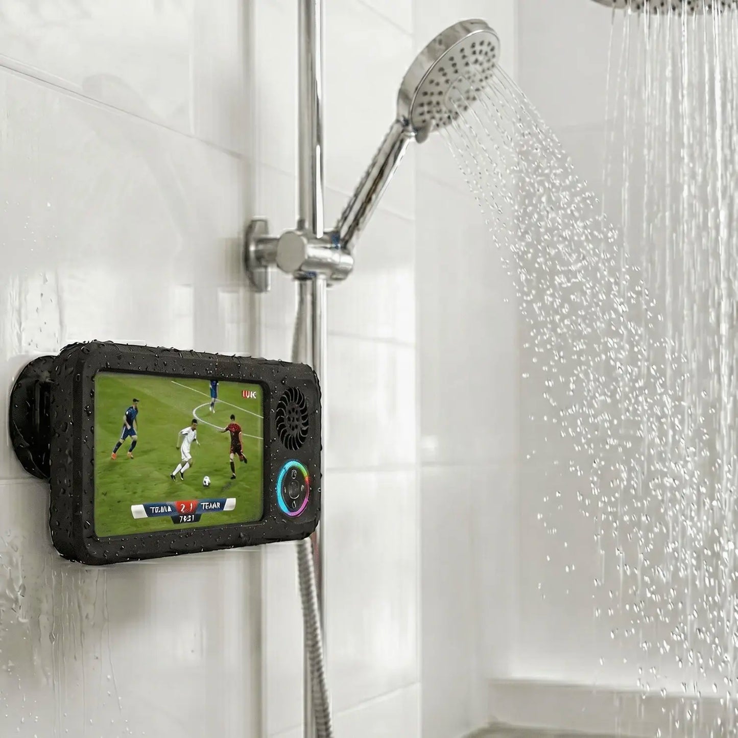 Waterproof Bathroom Shower Phone Holder with Bluetooth Speaker, 360° Rotating Touch Screen Mobile Device Case, Suction Cup Mount Shelf