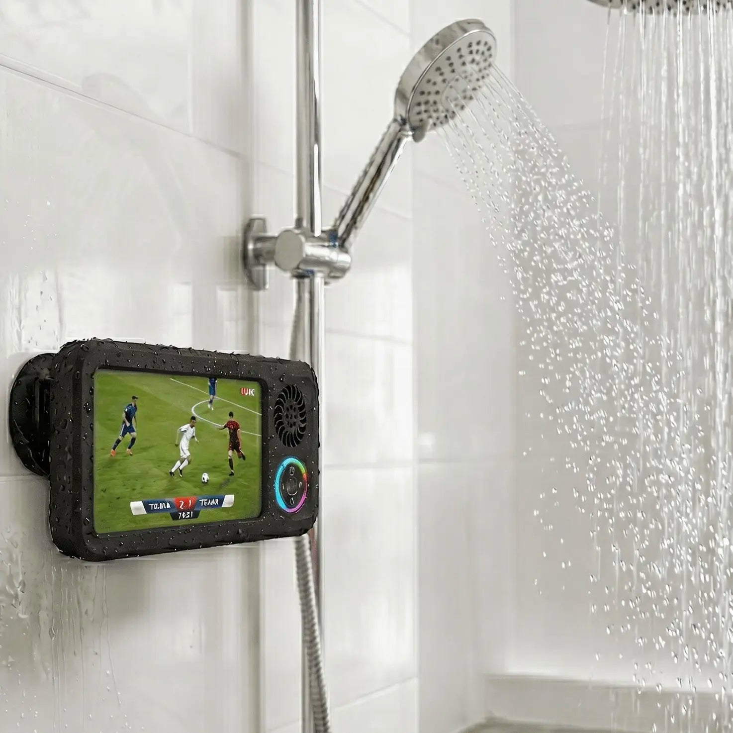 Waterproof Bathroom Shower Phone Holder with Bluetooth Speaker, 360° Rotating Touch Screen Mobile Device Case, Suction Cup Mount Shelf