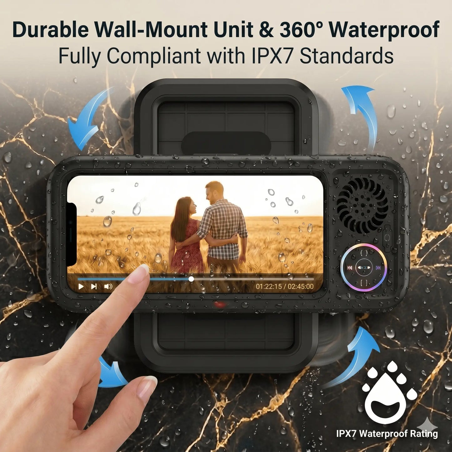 Waterproof Bathroom Shower Phone Holder with Bluetooth Speaker, 360° Rotating Touch Screen Mobile Device Case, Suction Cup Mount Shelf
