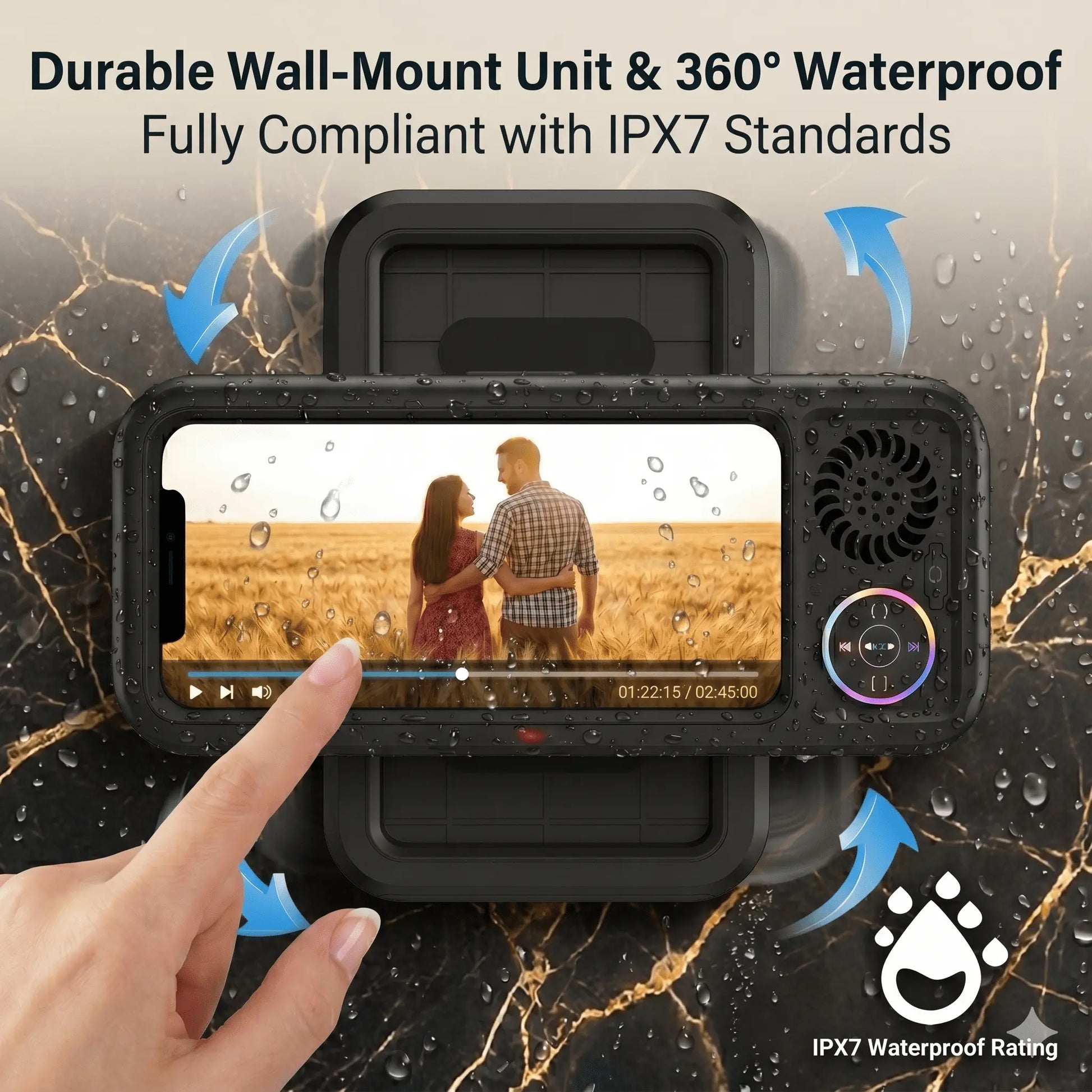 Waterproof Bathroom Shower Phone Holder with Bluetooth Speaker, 360° Rotating Touch Screen Mobile Device Case, Suction Cup Mount Shelf