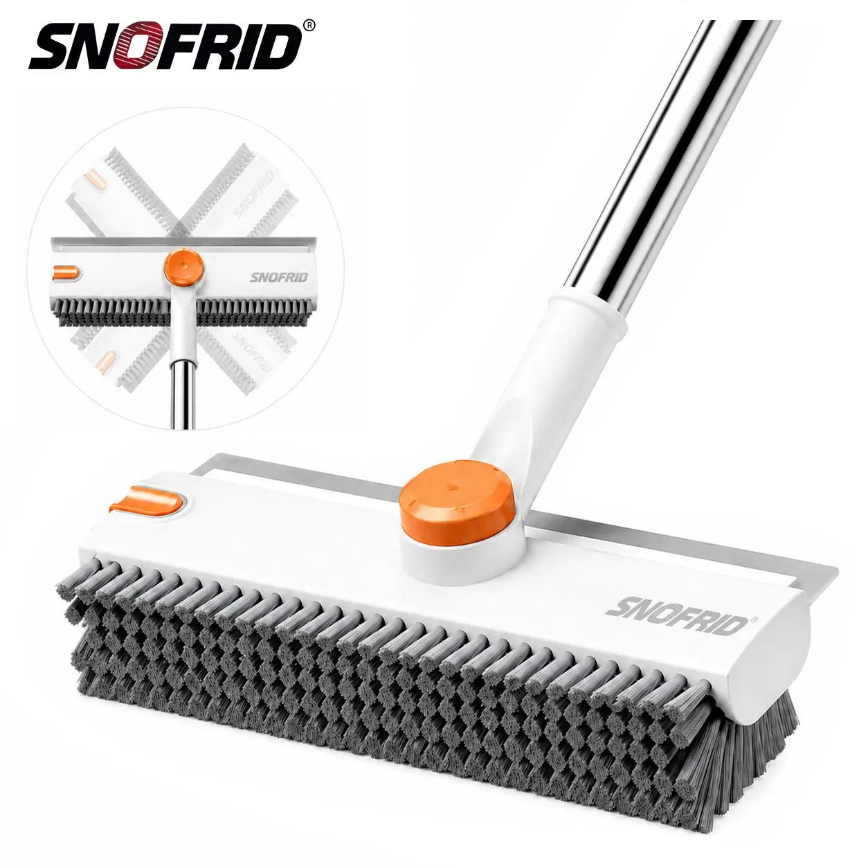 Snofrid 3-in-1 Heavy Duty Floor Scrub Brush with 54-Inch Adjustable Handle and Stiff Bristles for Versatile Cleaning of Showers, Bathrooms, Kitchens, Patios, Garages, Pools, Walls, and Decks - Orange and White