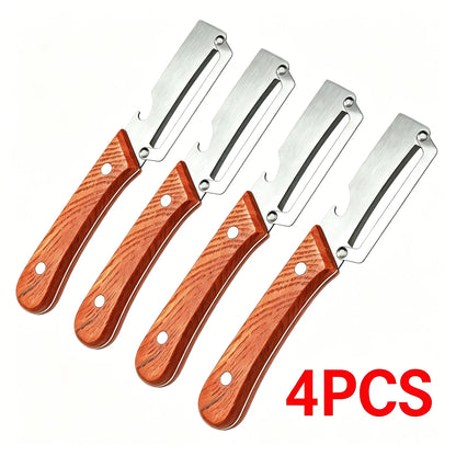 Stainless Steel Blade Vegetable and Fruit Peeler Set with Ergonomic Wooden Handles and Integrated Bottle Opener