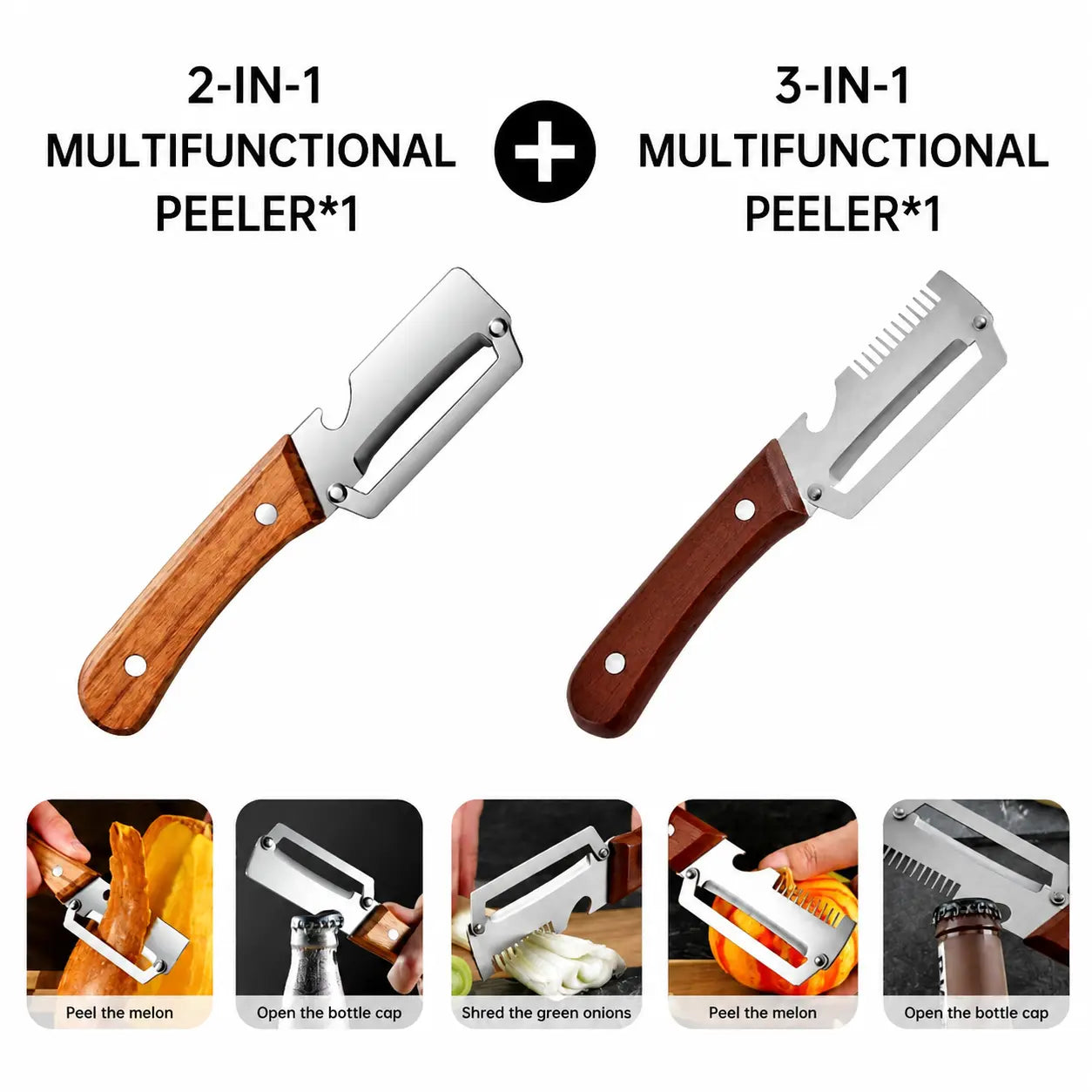 2-Piece Multifunctional Kitchen Peeler Set with Wood Handles – Includes Peeling, Slicing, Scraping, and Bottle Opening Tools