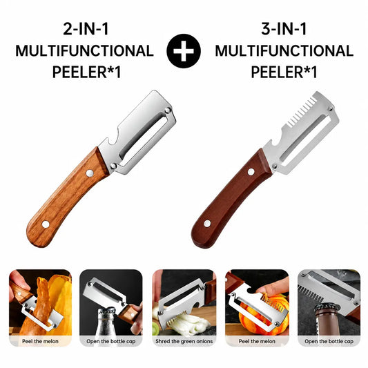 2-Piece Multifunctional Kitchen Peeler Set with Wood Handles – Includes Peeling, Slicing, Scraping, and Bottle Opening Tools