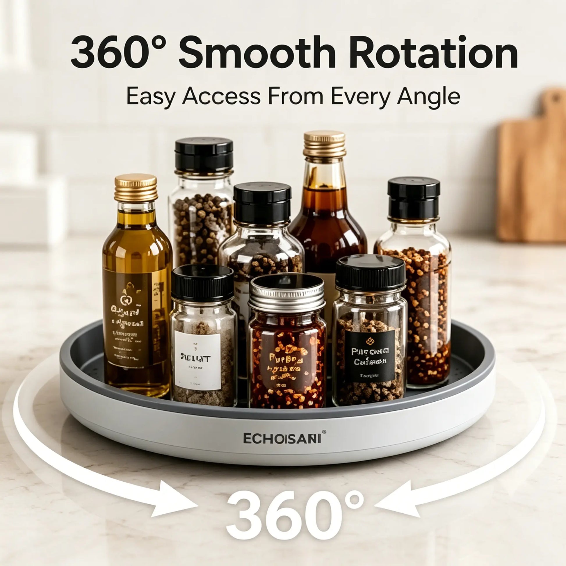360° Rotating Organizer Tray, Non-Slip Lazy Susan Turntable for Kitchen Countertop, Pantry Cabinet and Bathroom Storage, round Rotating Tray in Black & Gray