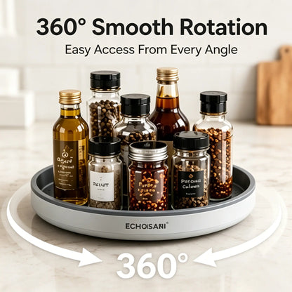 360° Rotating Organizer Tray, Non-Slip Lazy Susan Turntable for Kitchen Countertop, Pantry Cabinet and Bathroom Storage, round Rotating Tray in Black & Gray