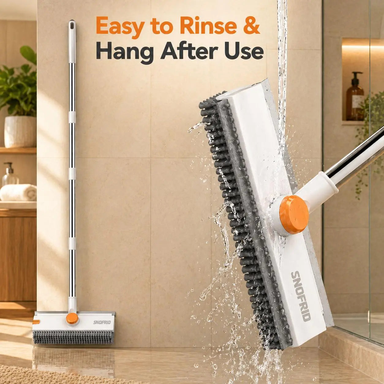 Snofrid 3-in-1 Heavy Duty Floor Scrub Brush with 54-Inch Adjustable Handle and Stiff Bristles for Versatile Cleaning of Showers, Bathrooms, Kitchens, Patios, Garages, Pools, Walls, and Decks - Orange and White