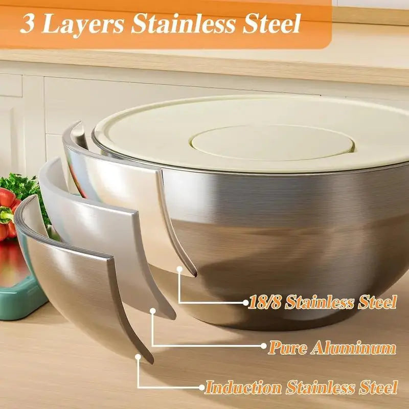 6-Piece Stainless Steel Mixing Bowl Set with Lids and Grinder Attachments - Airtight Food Storage and Organizer for Culinary Use