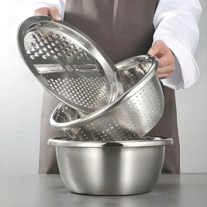 Multifunctional 3-In-1 Stainless Steel Cutting Machine and Strainer Set - Includes Basin, Sieve, and Cutter for Washing Rice, Fruits, and Vegetables - Essential Kitchen Tool