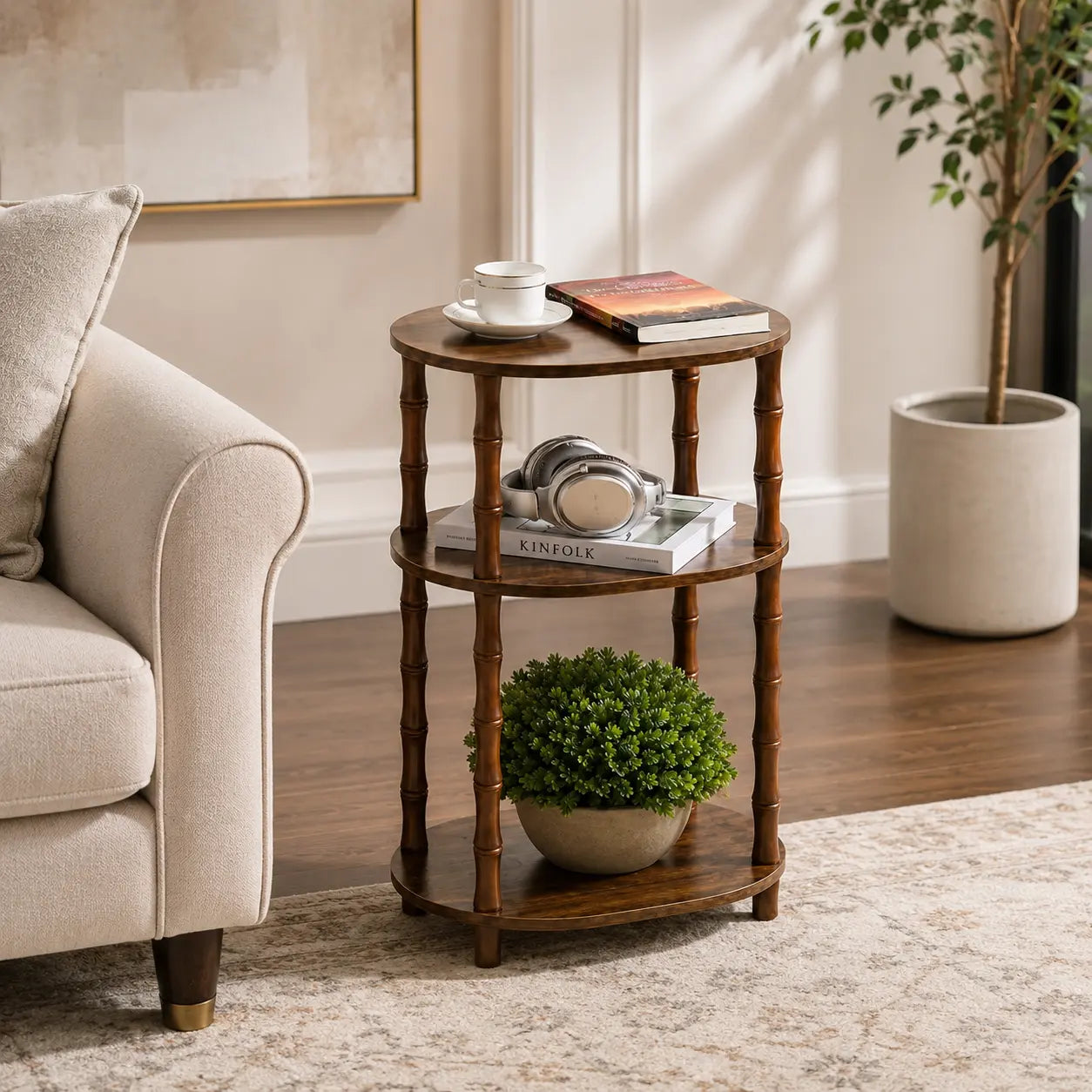 Rustic Brown Round End Table with 3-Tier Storage - Versatile Nightstand for Bedroom, Side Table for Living Room, and Compact Coffee Table for Apartments (15.7" × 11.6" × 24.4")