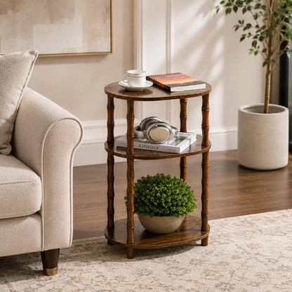 Rustic Brown Round End Table with 3-Tier Storage - Versatile Nightstand for Bedroom, Side Table for Living Room, and Compact Coffee Table for Apartments (15.7" × 11.6" × 24.4")