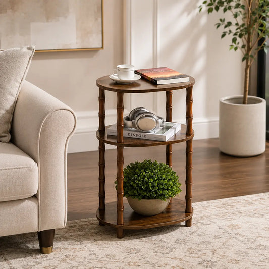 Rustic Brown Round End Table with 3-Tier Storage - Versatile Nightstand for Bedroom, Side Table for Living Room, and Compact Coffee Table for Apartments (15.7" × 11.6" × 24.4")